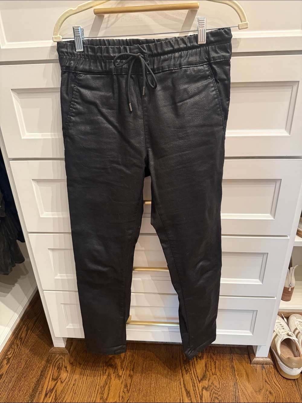 Women's Black Faux-Leather Drawstring Leggings